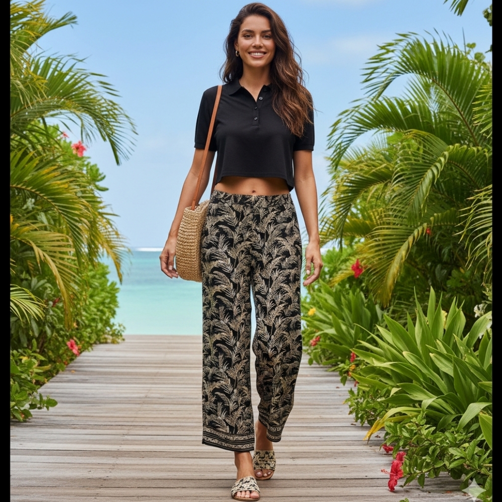 Black Tropical Palazzo Wide Leg Cropped Pants S-M Taupe Print w/ Pockets! Breezy